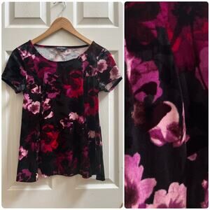 Dark Romantic Whimsigoth Velvet Floral Print Scoop Neck Stretchy Top Petite XS